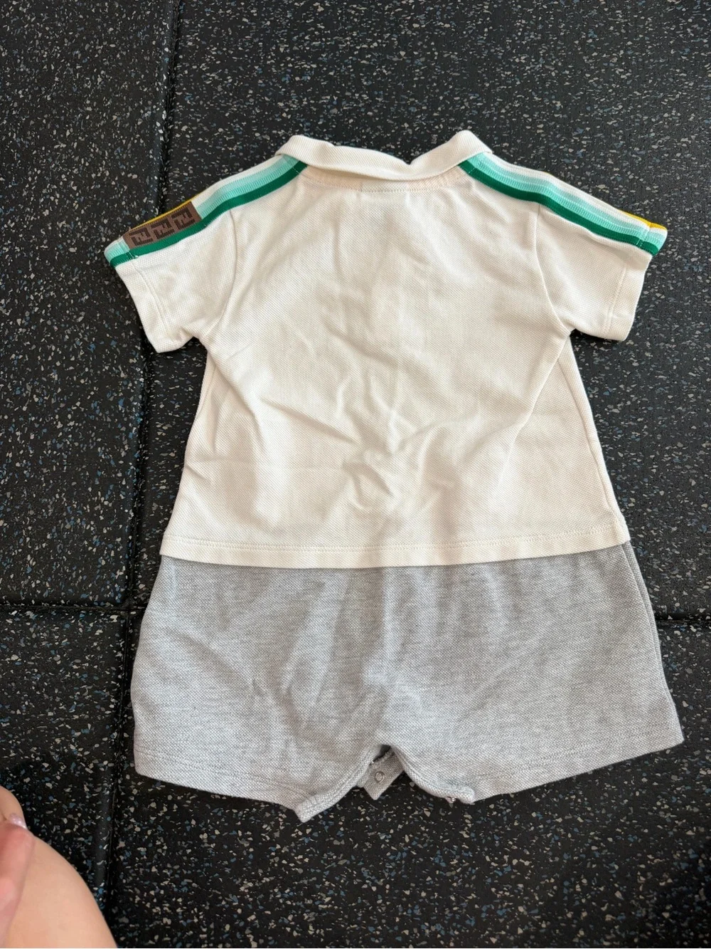 Fendi White and Gray Boys Two-Tone Polo Romper with Yellow Trim